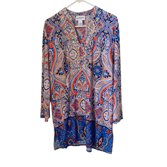 Peck & Peck Women's Tunic Top Size XL Bejeweled Pink Blue Damask Print NWOT - Picture 1 of 5